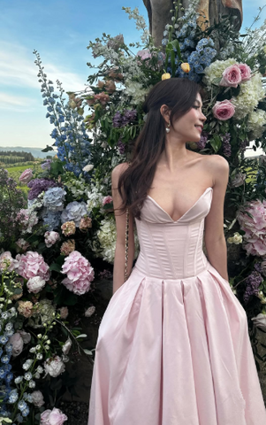 Vestido de fiesta largo rosa sin tirantes, corte A, elegante vestido de noche, atuendos de cumpleaños Y7531
