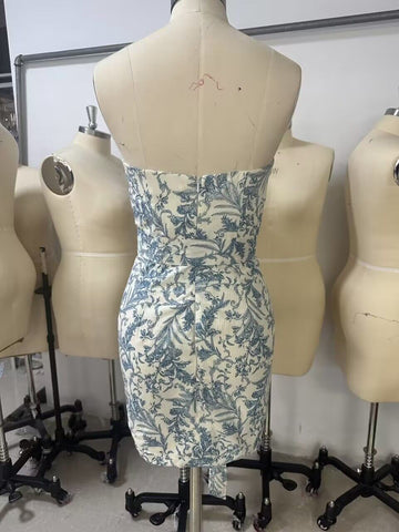 Print Floral Short Homecoming Dress Strapless Party Dress Y3080