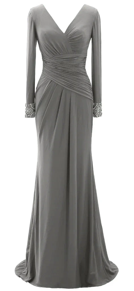 Women Long Mother of Bride Dresses Long Sleeve V Neck Evening Dress Y785 by simplepromdress