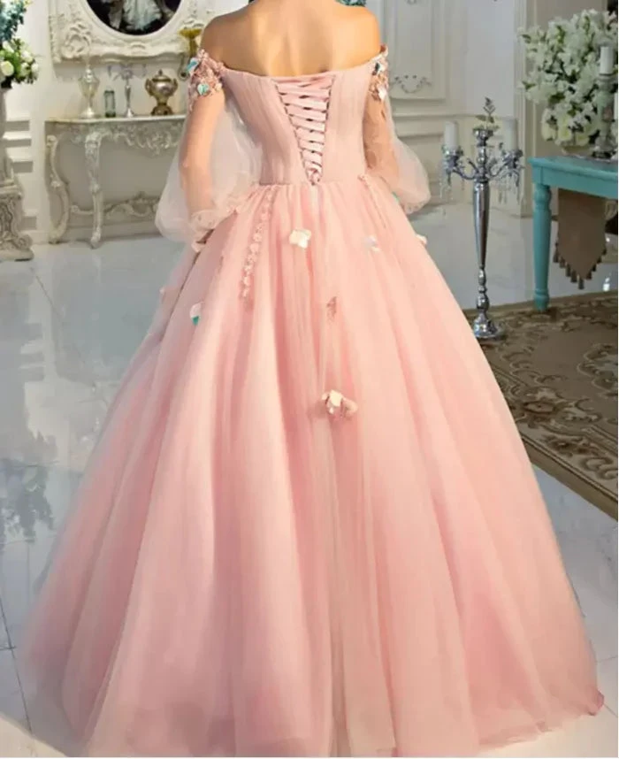 Long Sleeve Prom Dresses, Pearl Pink Ball Gown Long Floral Fairy Prom Dress S24387 by simplepromdress