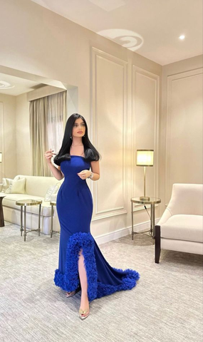 Elegante vestido de noche de sirena azul. Vestido formal azul Y6397.