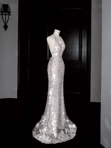 Sexy V Neck Silver Sequins Backless Mermaid Prom Dress Evening Dress Y8680