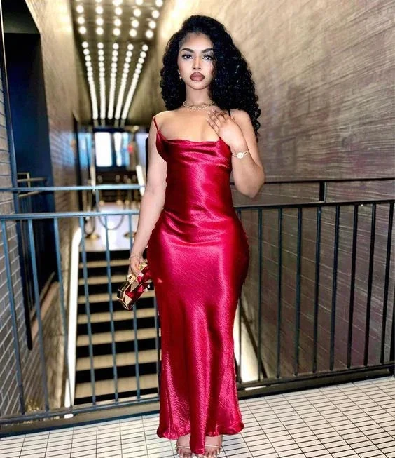 Sexy Red Satin Mermaid Spaghetti Straps Long Evening Dress Y6256 by simplepromdress