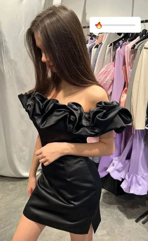 Off Shoulder Short Sleeve Frill Mini Dress Hot Sale Black Homecoming Dress Y400 by simplepromdress