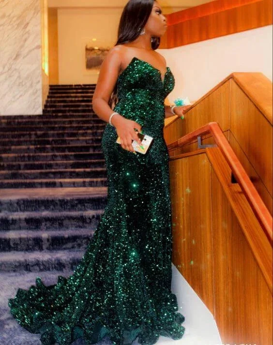 Sparkly Sequin Green Long Mermaid Evening Dresses Black Women Y558 by simplepromdress