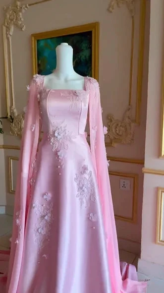 Luxury Pink Satin Long A Line Evening Dress Pretty Appliques Prom Dress Y7591 by simplepromdress