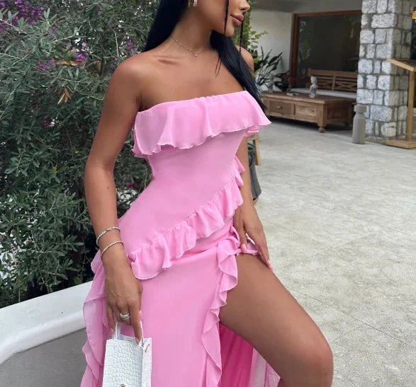 Pretty Pink Strapless Ruffle Slit Evening Dress Long Birthday Prom Dress Y8203 by simplepromdress