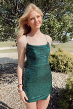 Straps Dark Green Cowl Neck Tight Mini Dress Dark Green Homecoming Dress Y2948 by simplepromdress