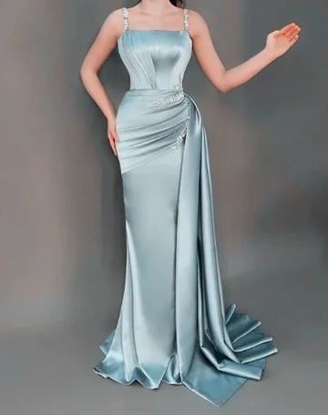 Elegant Blue Spaghetti Straps Satin Beaded Mermaid Prom Dress Evening Dress Y8537 by simplepromdress
