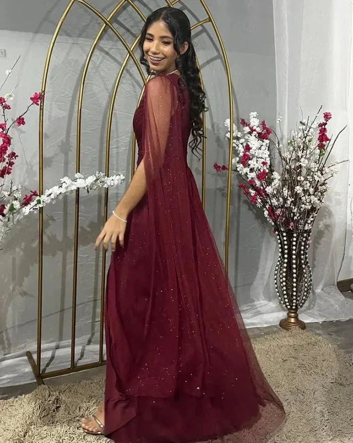 Pretty Burgundy One Shoulder Tulle Sequins Evening Gown Slit Prom Dress Y7826 by simplepromdress