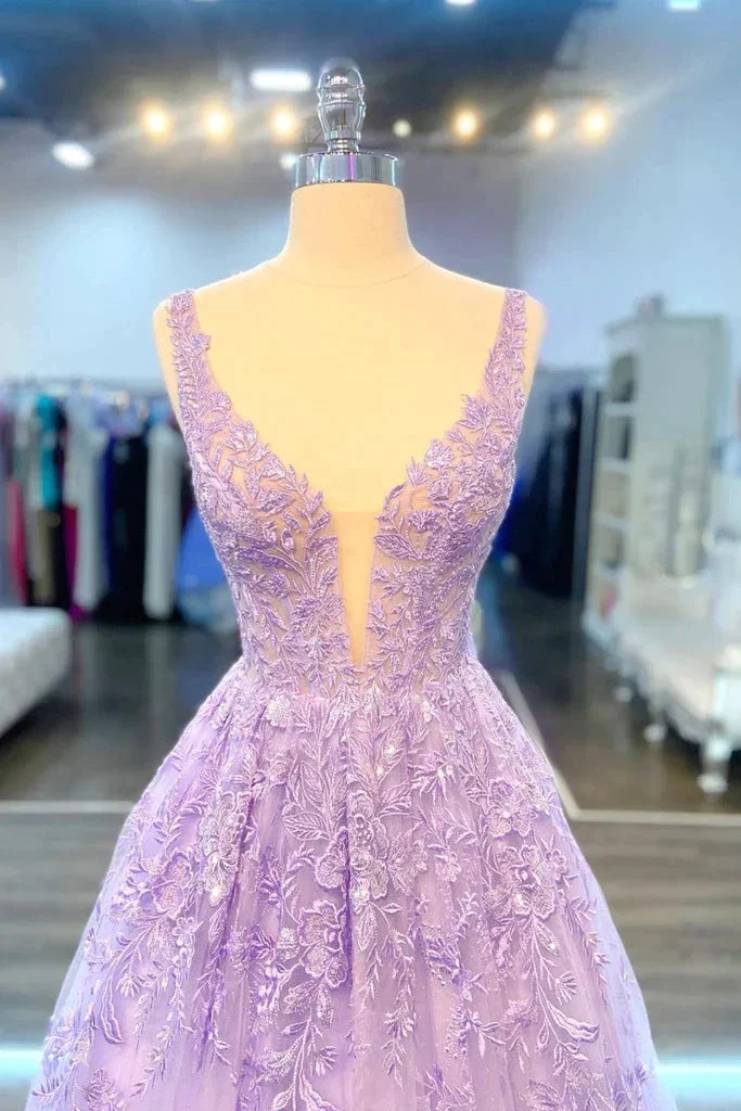 V Neck Purple Lace Long Prom Dress, Lilac Lace Formal Dress, Purple Evening Dress Y200 by simplepromdress