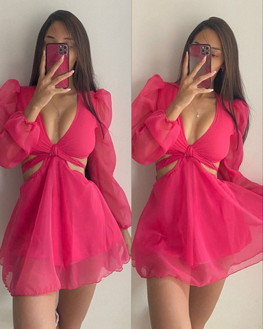Plunge Neck Cut Out Waist A-Line Dress Sexy Homecoming Dress Y2135