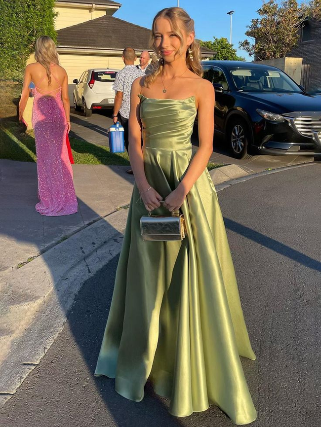 Sage Green Strapless Satin Pleated A-line Long Prom Dress Evening Gown Y7905 Hover Image