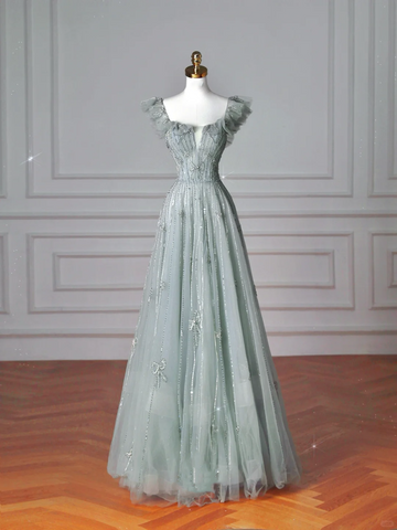 Pretty Light Green Square Neck Tulle Beaded Prom Dress A Line Evening Dress Y8612