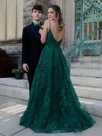 A Line V Neck Green Lace Long Prom Dresses, Green Lace Formal Dresses, Green Evening Dresses Y4079 by simplepromdress