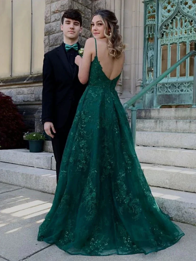A Line V Neck Green Lace Long Prom Dresses, Green Lace Formal Dresses, Green Evening Dresses Y4079 by simplepromdress