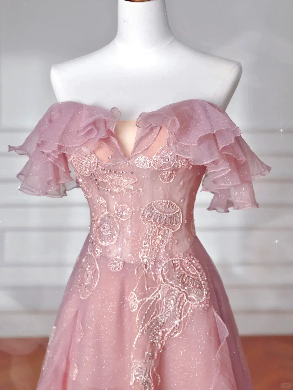 Sweet Pink Tulle Sequins Beaded A Line Prom Dress Off The Shoulder Long Evening Dress Y8643 by simplepromdress