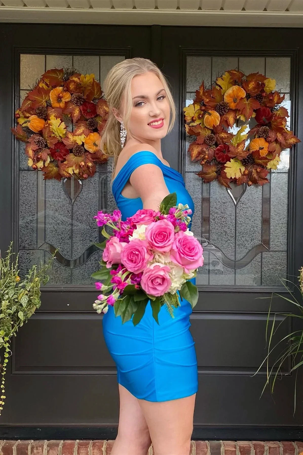 Simply Blue Off the Shoulder Bodycon Mini Homecoming Dress Y3016 by simplepromdress