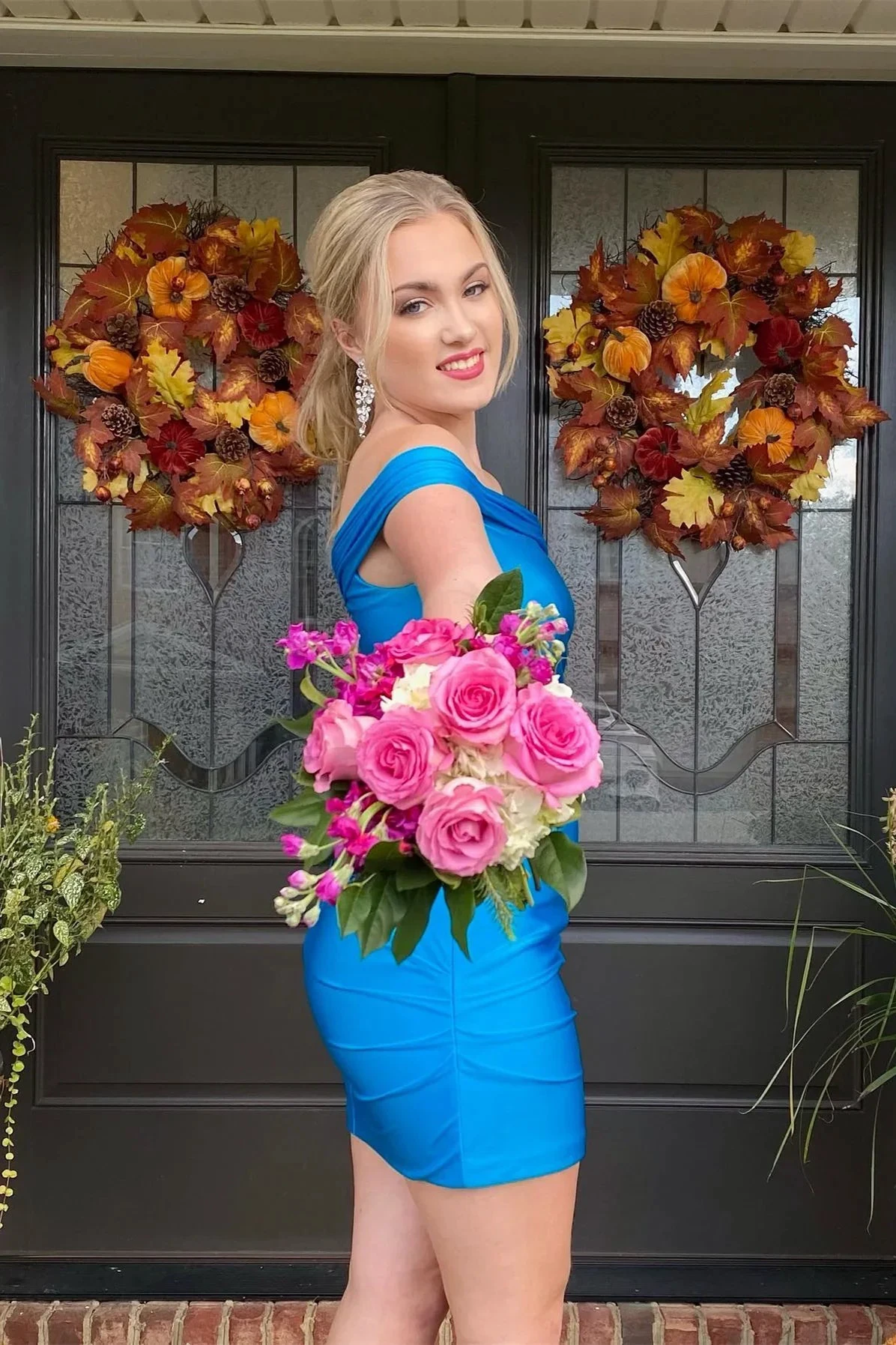 Simply Blue Off the Shoulder Bodycon Mini Homecoming Dress Y3016 by simplepromdress