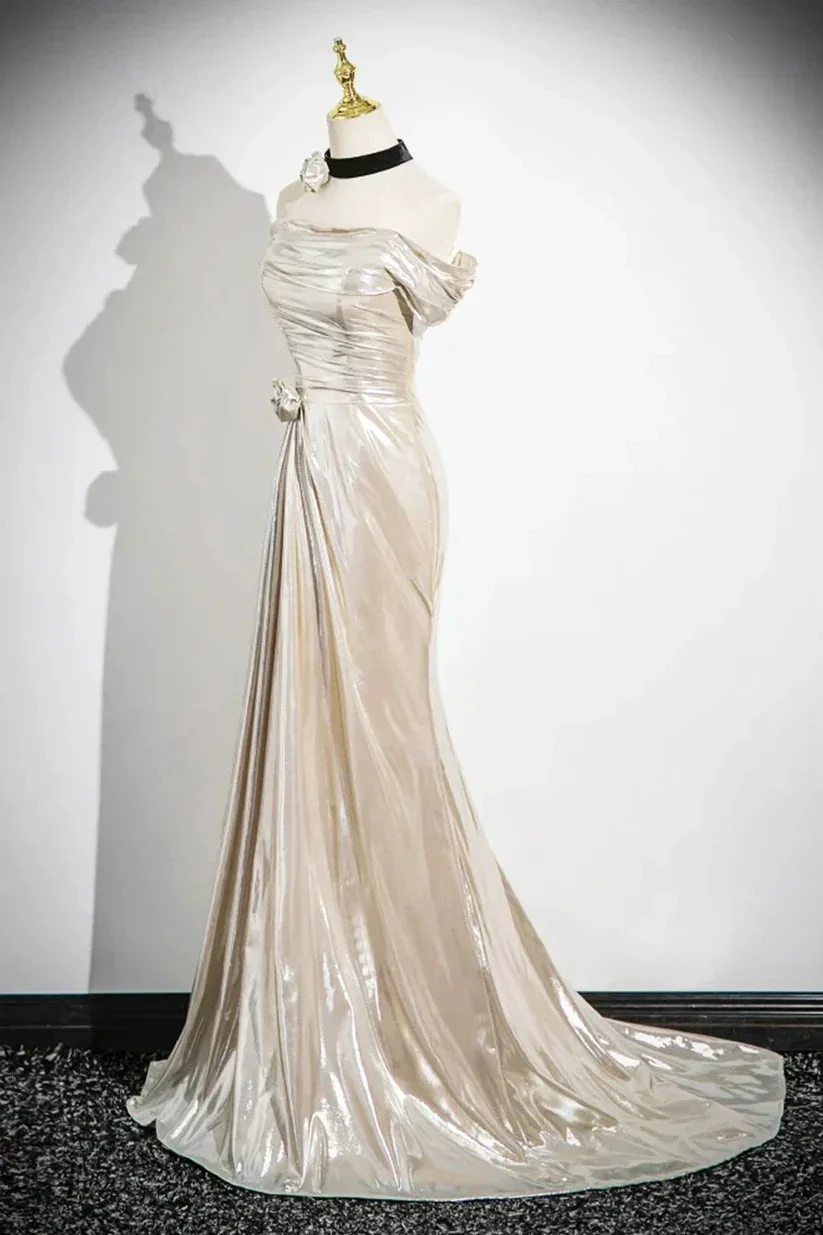 Charming Champagne Off The Shoulder Satin Prom Dress Mermaid Evening Gown Y8202 by simplepromdress