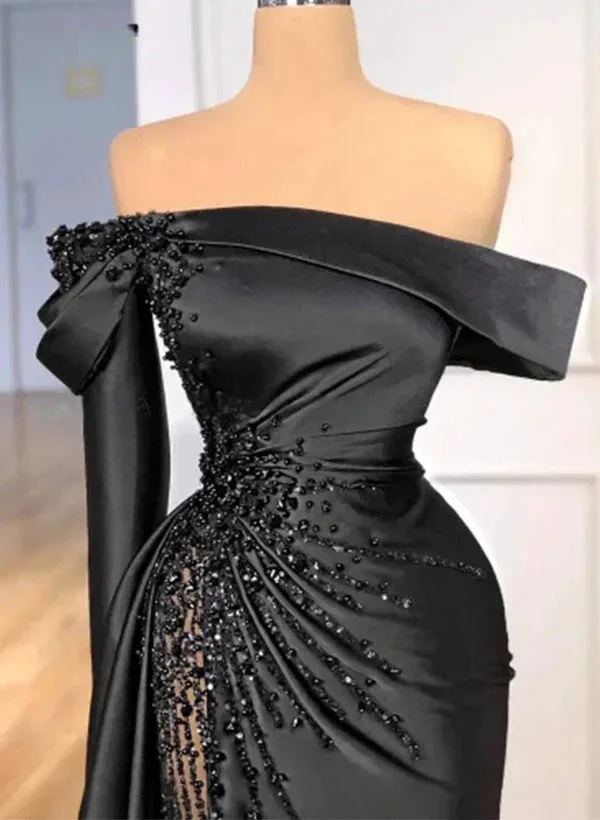 Fashion Black Beaded Satin Sheath Prom Dress Off The Shoulder Long Evening Dress Y8030 by simplepromdress
