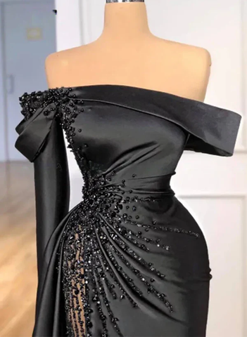 Fashion Black Beaded Satin Sheath Prom Dress Off The Shoulder Long Evening Dress Y8030