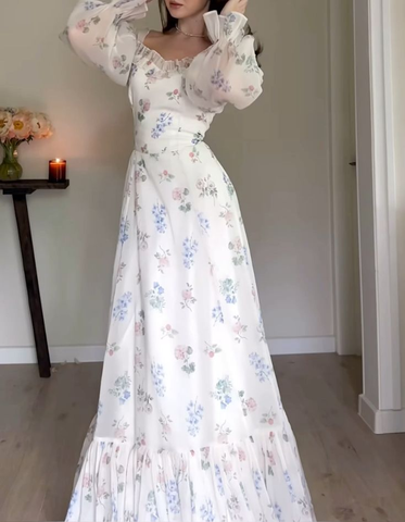 Pretty Chiffon Flowers Print Ruffle Long Sleeve Prom Dresses Formal Evening Gown Y8153