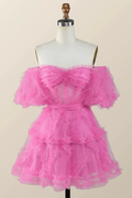Off the Shoulder Hot Pink Ruffles Short A-line Homecoming Dress Y2783 by simplepromdress