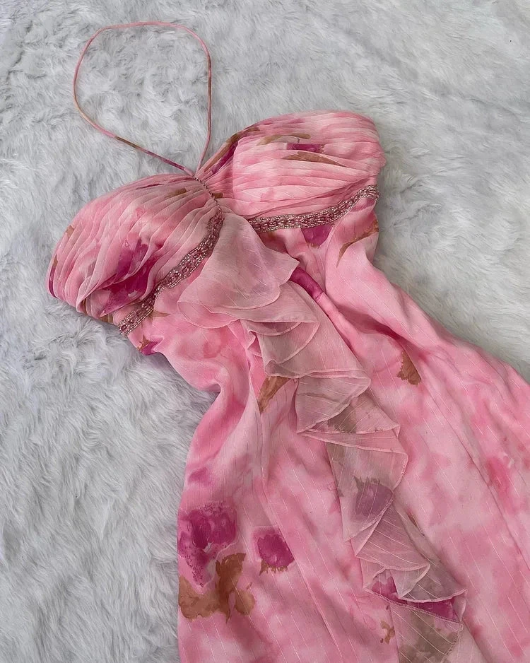 Pink Chiffon Print Floral Ruffle Evening Dress Halter Mermaid Prom Dress Y8306 by simplepromdress