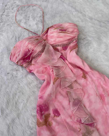 Pink Chiffon Print Floral Ruffle Evening Dress Halter Mermaid Prom Dress Y8306