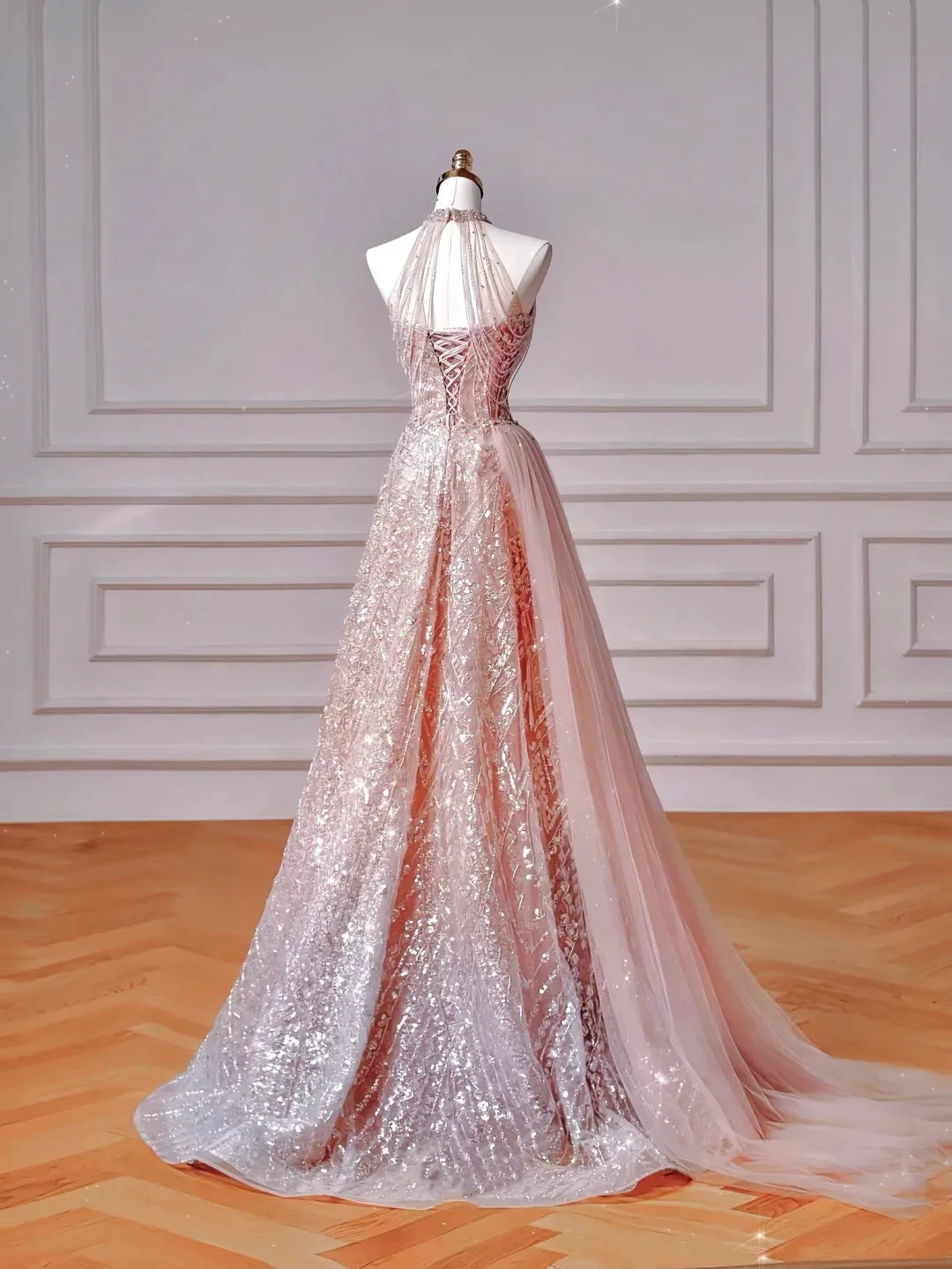 Sparkly Pink Halter Sequins Tulle A Line Prom Dress Evening Dress Y8608 by simplepromdress