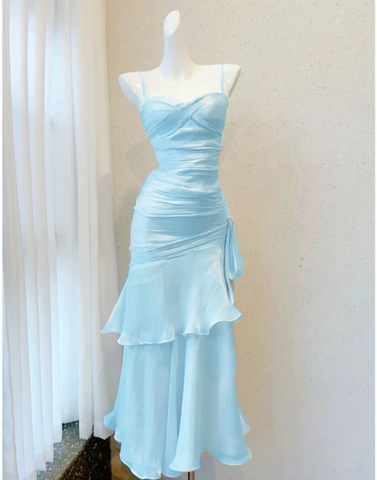 Elegant Blue Mermaid Layered Evening Dress Spaghetti Straps Prom Dress Y8066
