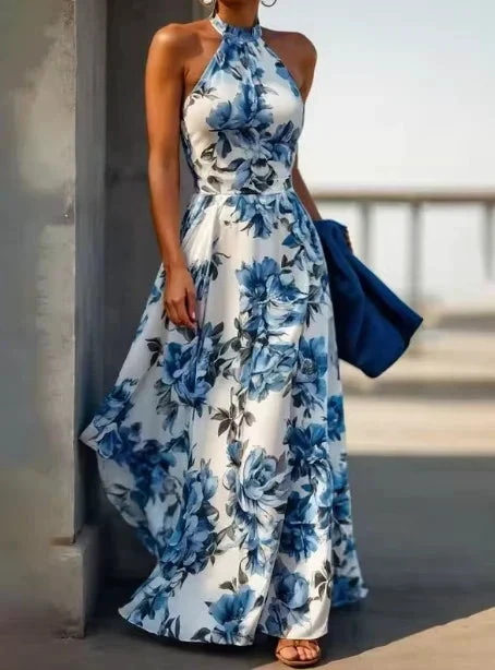 New Arrive Sleeveless Satin Floral Print Halter Neck A Line Evening Dress Blue Prom Dress Y8480 by simplepromdress