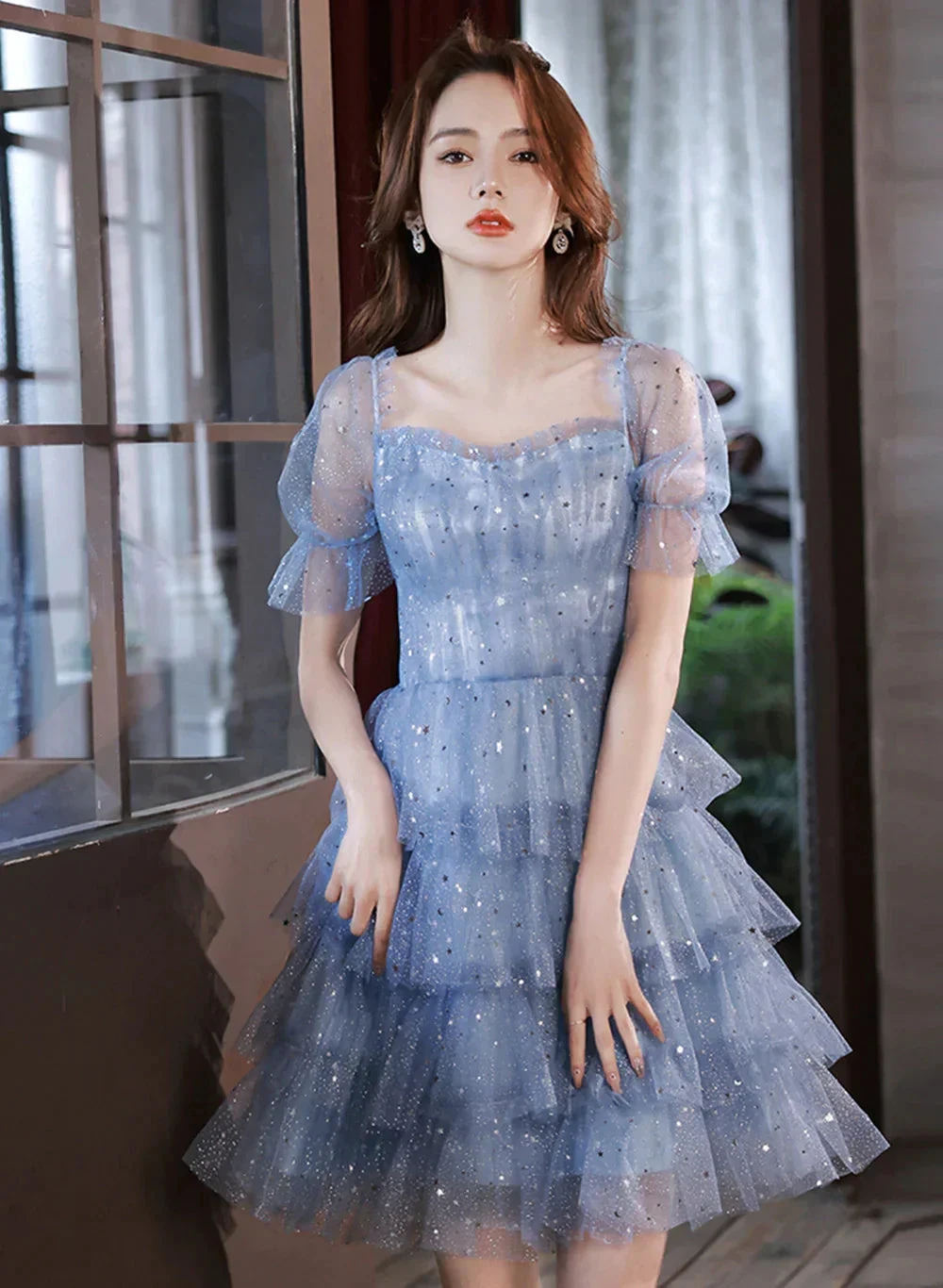 Blue Short Layers Tulle Formal Dress Blue Off Shoulder Homecoming Dress Party Dress Y1975 by simplepromdress