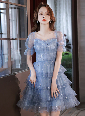 Blue Short Layers Tulle Formal Dress Blue Off Shoulder Homecoming Dress Party Dress Y1975