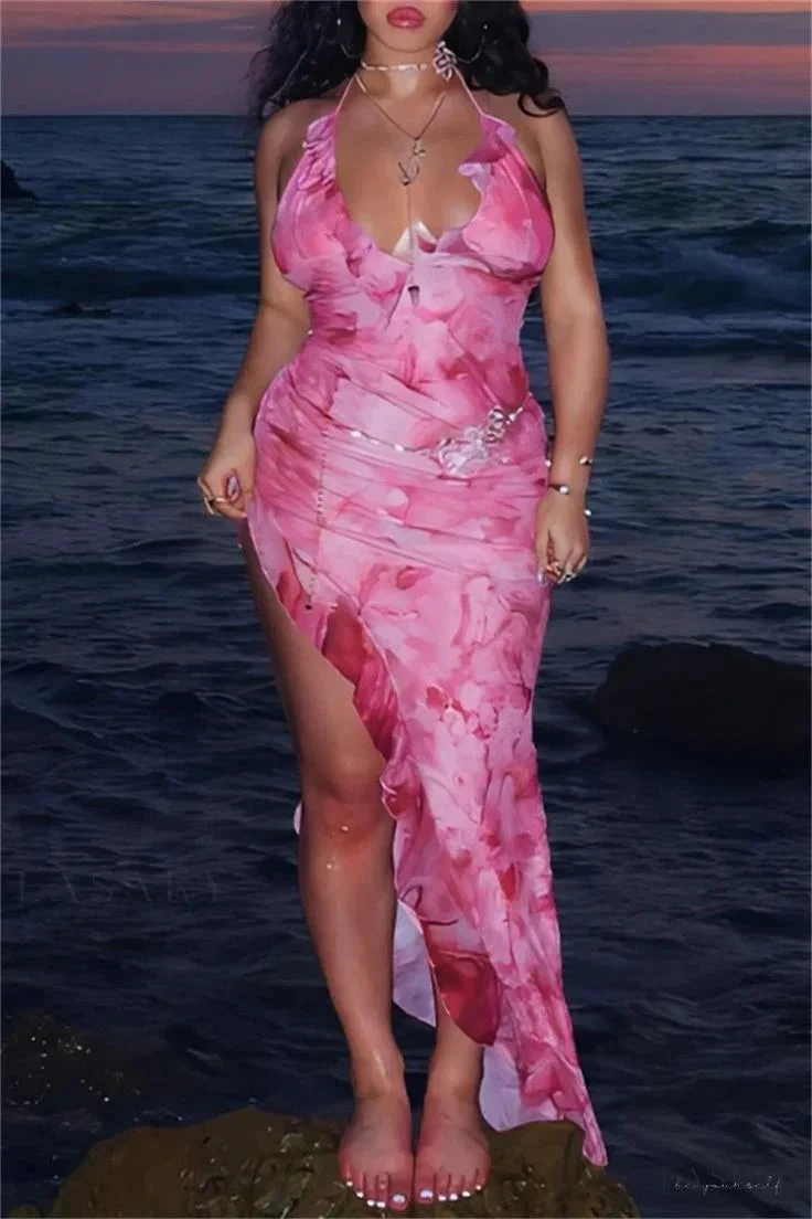 Pink Halter Chiffon Print Ruffles Evening Dress Side Slit Prom Dress Y8256 by simplepromdress