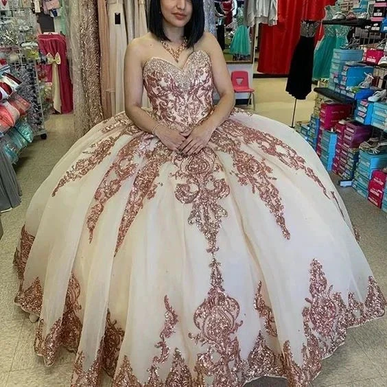 Sparkly Princess Rose Gold Quinceanera Dress Vintage Sweetheart Lace Applique Sequins Ball Gown Y6523 by simplepromdress