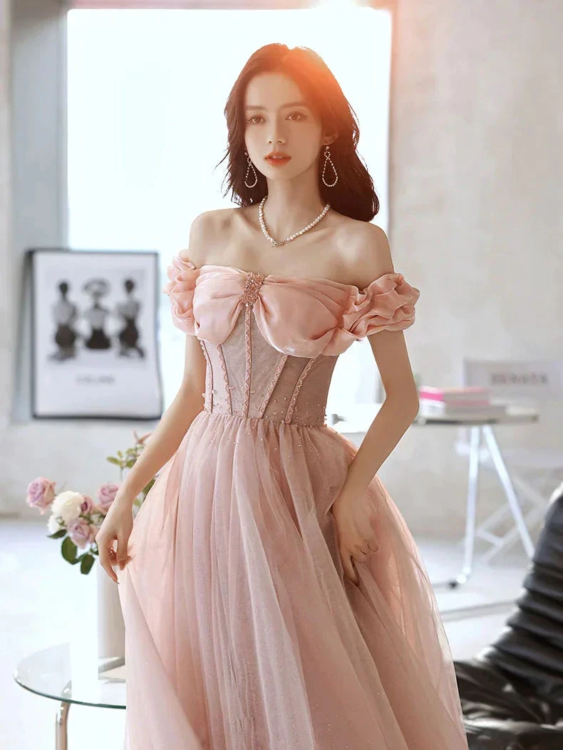 Pink Sweetheart Neck Tulle Beads Long Prom Dress, Pink Evening Dress,Y2406 by simplepromdress