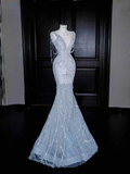 Dream Blue Tulle Beaded Chain V Neck Long Mermaid Prom Dress Evening Dress Y8665 by simplepromdress