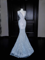 Dream Blue Tulle Beaded Chain V Neck Long Mermaid Prom Dress Evening Dress Y8665 by simplepromdress