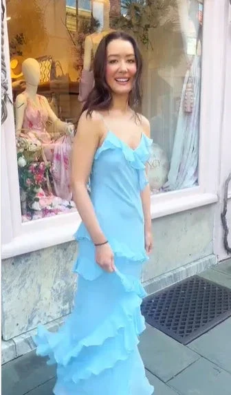 Elegant Spaghetti Straps Blue Ruffle Chiffon Prom Dress Backless Evening Dress Y8267 by simplepromdress