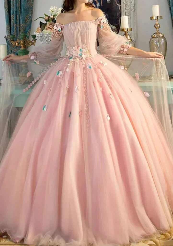 Pink Off The Shoulder Tulle Appliques Ball Gown ,Pretty A Line Formal Prom Dress Y8374 by simplepromdress