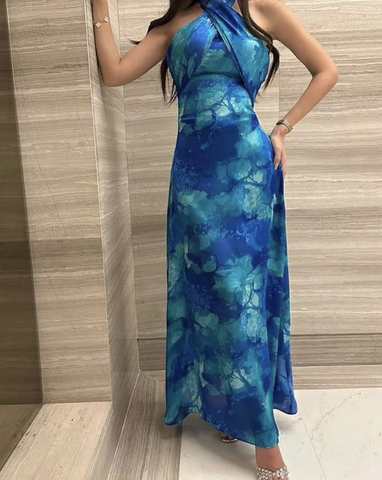 Unique Blue Halter Chiffon Long Prom Evening Dress Y8108