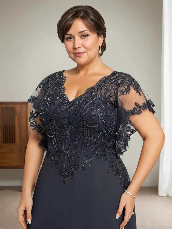 A-line V-Neck Floor-Length Lace Chiffon Mother of the Bride Dress With Sequins by Dreamylily