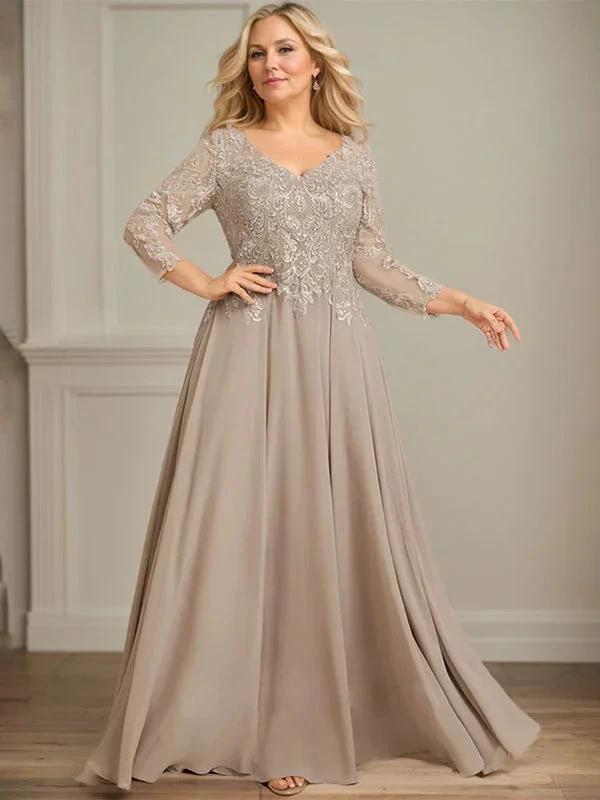 A-line V-Neck Floor-Length Lace Chiffon Mother of the Bride Dress With Sequins by Dreamylily