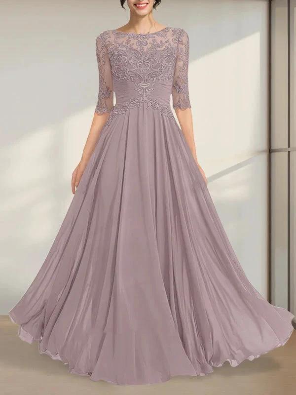 A-line Scoop Illusion Floor-Length Chiffon Lace Mother of the Bride Dress With Pleated Sequins by Dreamylily