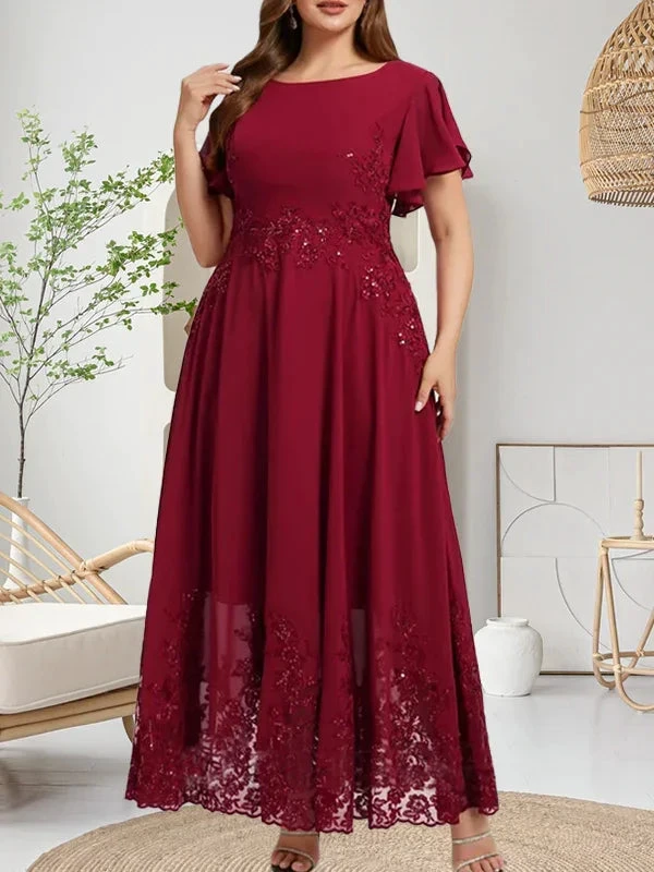 A-Linie U-Ausschnitt Knöchellang Spitzen-Chiffon-Kleid für die Brautmutter mit Pailletten