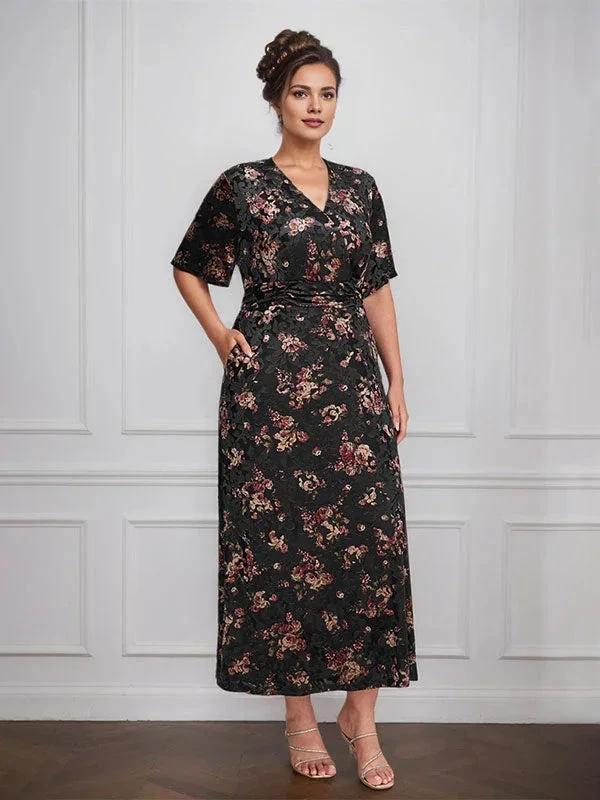 Vintage Plain V-Neck Short Sleeves Velvet Tea-Length Mother of the Bride Dress With Slit by Dreamylily