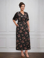 Vintage Plain V-Neck Short Sleeves Velvet Tea-Length Mother of the Bride Dress With Slit by Dreamylily