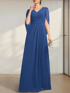 A-line V-Neck Floor-Length Chiffon Mother of the Bride Dress With Pleated by Dreamylily